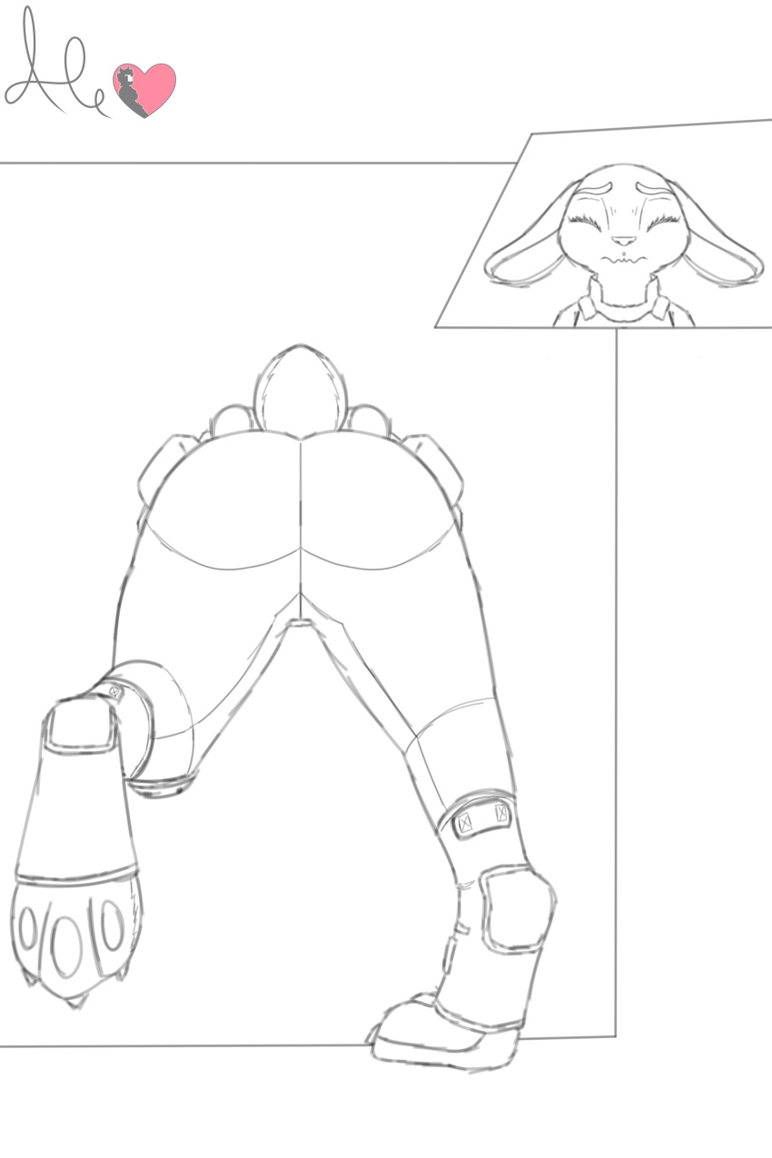 absurd_res anthro big_butt butt butt_focus clothed clothing digital_media_(artwork) discomfort disney feet female female/female god-ale hi_res humanoid judy_hopps lagomorph leporid mammal paws rabbit scut_tail short_tail sketch solo stuck tail through_wall wall_(structure) zootopia