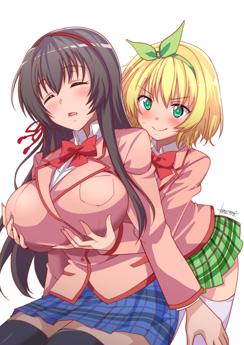 2girls aoi_manabu black_hair black_socks blazer blonde_hair blush bow breast_grab breasts closed_eyes drooling grabbing grabbing_from_behind green_bow green_eyes green_hairband hairband highres jacket kawaikereba_hentai_demo_suki_ni_natte_kuremasu_ka? koga_yuika large_breasts long_hair multiple_girls plaid plaid_skirt red_hairband short_hair skirt smile socks tokihara_sayuki white_socks