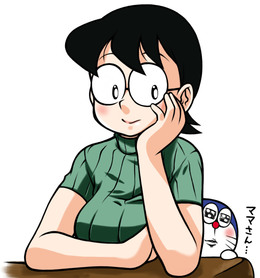 1girl black_eyes black_hair breasts closed_mouth doraemon doraemon_(character) glasses green_shirt hand_on_own_cheek hand_on_own_face hand_up highres medium_breasts nakagami_takashi nobi_tamako ribbed_shirt round_eyewear shirt short_hair short_sleeves simple_background smile split_mouth turtleneck white_background