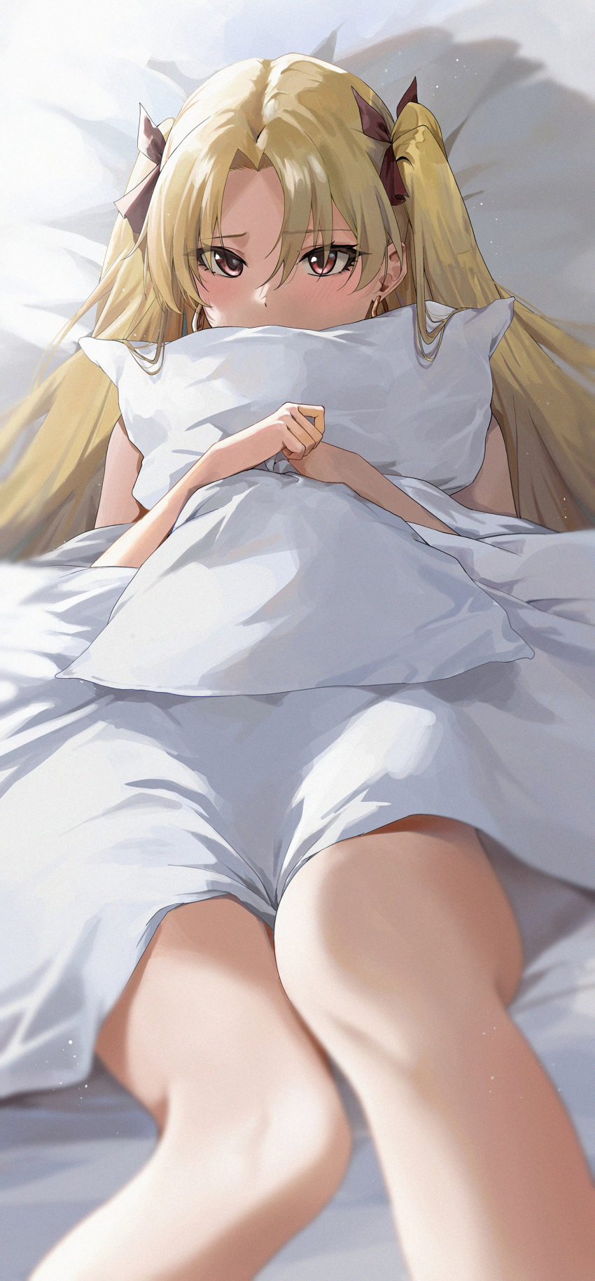 1girl absurdres bed bed_sheet blonde_hair earrings ereshkigal_(fate) fate/grand_order fate_(series) highres jewelry long_hair pillow red_eyes ryudraw solo under_covers