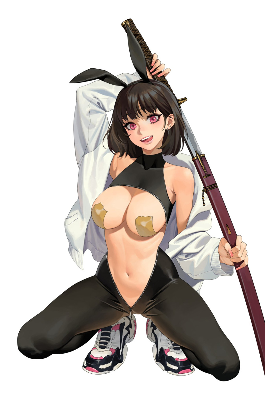 1girl :q animal_ears arm_up bangs bare_shoulders breasts brown_hair center_opening covered_collarbone earrings fake_animal_ears highres holding holding_weapon hongcasso hood hood_down hooded_jacket jacket jewelry large_breasts long_sleeves navel open_clothes open_jacket original pasties pink_eyes shiny_hair shoes short_hair simple_background solo squatting tape_on_nipples teeth tongue tongue_out upper_teeth_only weapon white_jacket