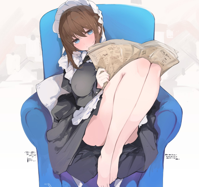 1girl apron barefoot black_dress blue_eyes blurry blurry_background blush breasts brown_hair character_request closed_mouth commentary convenient_leg copyright_request couch covered_nipples dress eyelashes feet frilled_apron frills full_body hair_between_eyes hands_up head_tilt highres holding holding_newspaper juliet_sleeves large_breasts legs long_legs long_sleeves looking_at_viewer maid_apron maid_headdress mikozin newspaper pillow puffy_sleeves shadow shiny_hair shiny_skin short_hair_with_long_locks sidelocks sitting solo symbol-only_commentary thighs toes