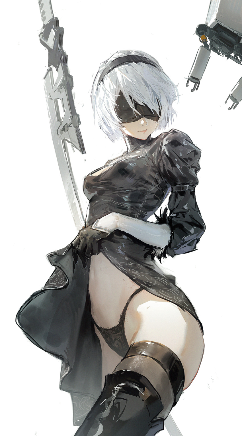 1girl black_blindfold black_hairband black_panties black_thighhighs blindfold boots bow breasts clothes_lift contrapposto dino_(dinoartforame) dress dress_lift feather-trimmed_sleeves feather_trim gloves hair_bow hairband highres lifted_by_self lips medium_breasts navel nier_(series) nier_automata panties pod_(nier_automata) puffy_sleeves short_hair simple_background skirt skirt_lift solo sword thigh_boots thighhighs underwear weapon white_background yorha_no._2_type_b