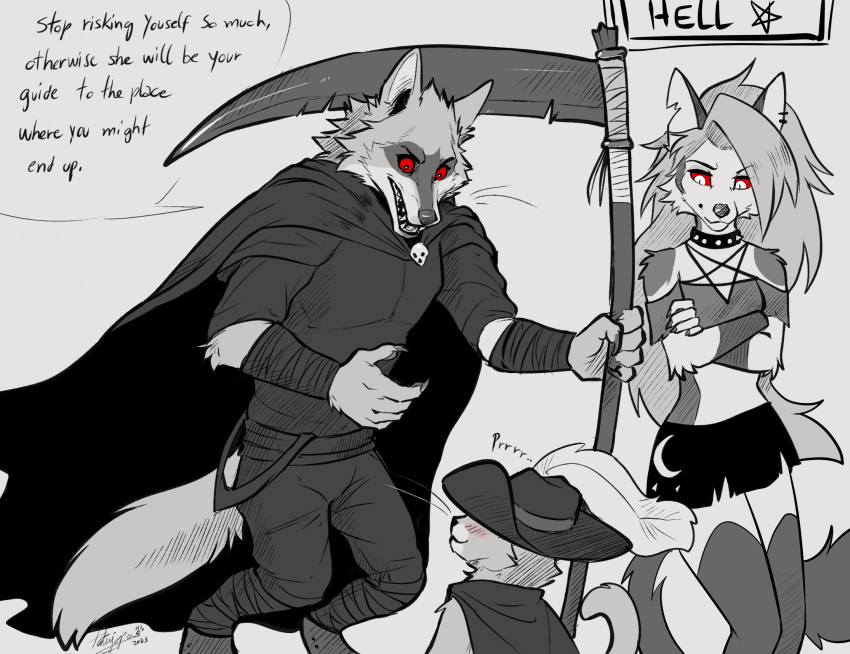 2023 anthro black_clothing blush canid canid_demon canine canis cape clothed clothing collar crossed_arms crossover death_(puss_in_boots) demon dialogue digital_media_(artwork) domestic_cat dreamworks english_text feather_hat felid feline felis female fur grey_body grey_fur group hair hellhound helluva_boss hi_res holding_object holding_weapon loona_(helluva_boss) male mammal melee_weapon polearm purring puss_in_boots_(dreamworks) puss_in_boots_the_last_wish red_eyes red_sclera scythe signature simple_background smile speech_bubble standing tatujapa text trio weapon white_background white_body white_fur wolf