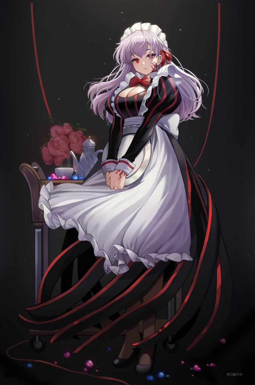 1girl alternate_costume apron bangs black_dress body_markings bow bowtie breasts cleavage cleavage_cutout clothing_cutout cup dark_sakura dress enmaided fate/stay_night fate_(series) full_body heaven's_feel high_heels highres juliet_sleeves large_breasts long_hair long_sleeves looking_at_viewer maid maid_headdress matou_sakura puffy_sleeves red_eyes romiya solo striped striped_dress teacup teapot tray vertical-striped_dress vertical_stripes waist_apron white_apron white_hair