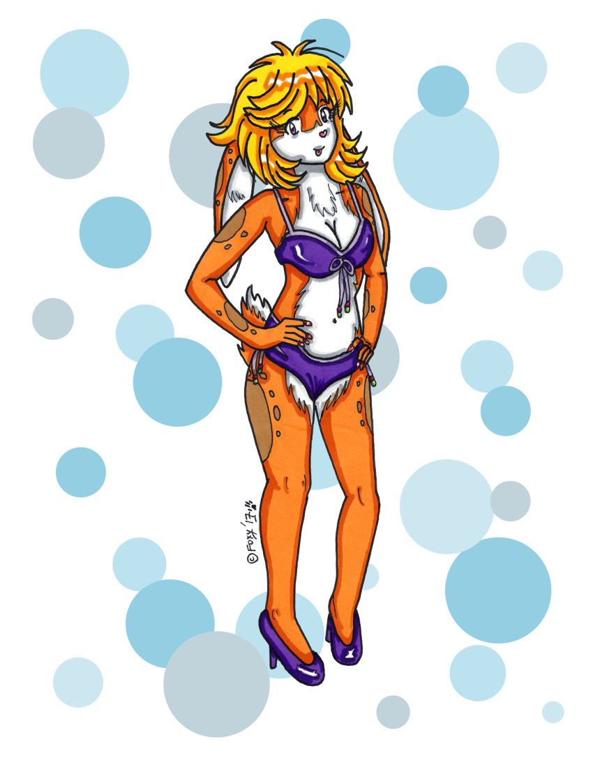 anthro bikini bikini_bottom bikini_top blonde_hair clothing female footwear hair hi_res high_heels lagomorph lazyfoxstudios leporid mammal pinup pose rabbit shoes solo swimwear tangobunny tongue tongue_out two-piece_swimsuit