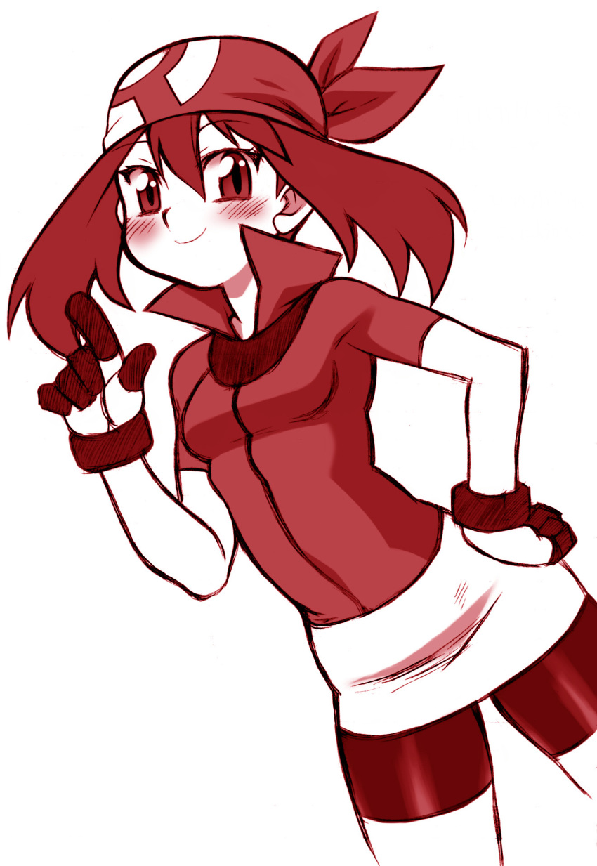 1girl bandana bangs bike_shorts bike_shorts_under_skirt blush breasts closed_mouth cowboy_shot gloves hair_between_eyes hand_on_hip hand_up high_collar highres legs_apart long_hair looking_at_viewer may_(pokemon) miniskirt nakagami_takashi pokemon pokemon_(game) pokemon_rse red_theme shirt short_sleeves simple_background skirt small_breasts smile solo standing white_background