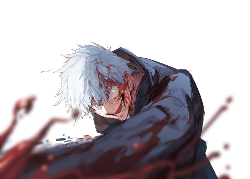 1boy bangs black_plume blood blood_in_hair blood_on_clothes blood_on_face blood_splatter blue_eyes blurry blurry_foreground gojou_satoru jujutsu_kaisen jujutsu_tech_uniform looking_at_viewer open_mouth punching short_hair simple_background smile solo spiked_hair white_background white_hair