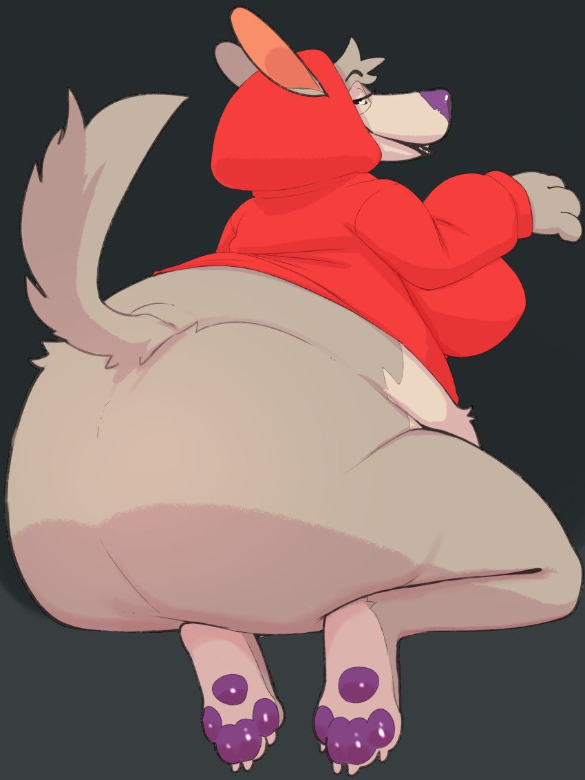 absurd_res anthro big_breasts big_butt big_nose black_lips bottomless breasts butt canid canine canis cereal_mascot chip_the_wolf clothed clothing cookie_crisp crossgender female hi_res hood_up hoodie huge_breasts huge_butt huge_thighs lips looking_back mammal monobutt pawpads purple_nose raised_tail rear_view tail thick_thighs topwear wolf wolfwireless