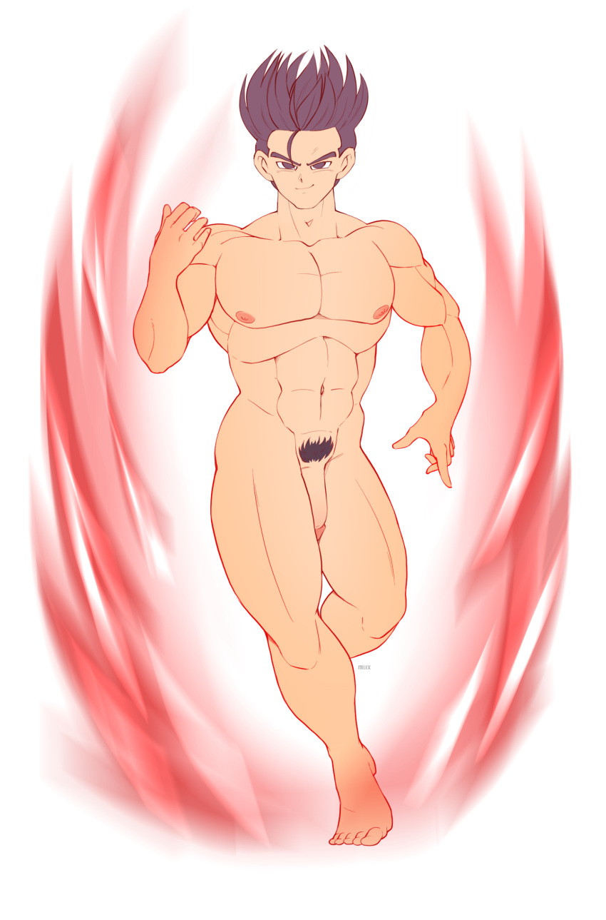 absurd_res aura dragon_ball dragon_ball_gt dragon_ball_super dragon_ball_z fan_character genitals grey_hair hair hi_res human jairo_(uc) kaio_ken male mammal mlix muscular muscular_male nude penis pose pubes solo uc