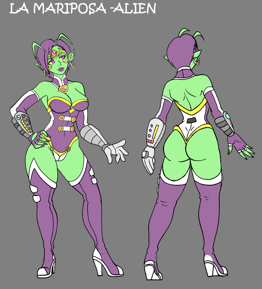absurdres alien alternate_costume antlers ass boots colored_skin costume dead_or_alive earrings green_skin halloween highres huge_ass jewelry lamariposa leotard lisa_hamilton mariposa pedrocorreia pointy_ears round science_fiction short_hair thigh_boots