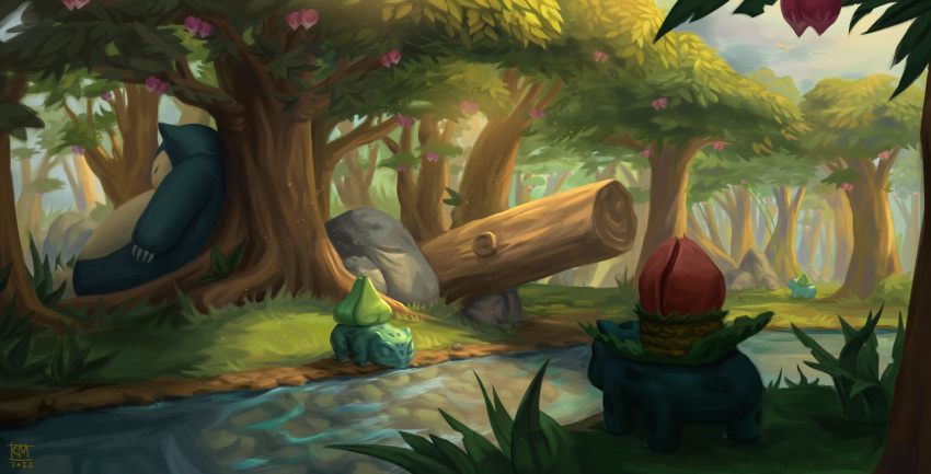 absurdres berry_(pokemon) bulbasaur chimeradite claws drinking forest grass highres ivysaur light_particles nature no_humans outdoors pecha_berry pidgeotto plant pokemon pokemon_(creature) river rock scenery signature sleeping snorlax tree vines