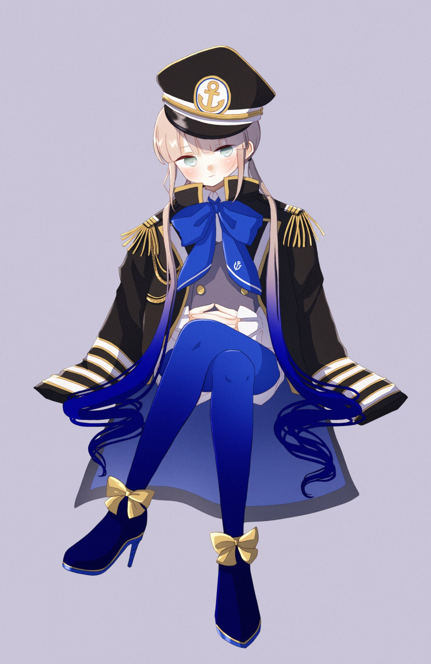 1boy anchor_symbol bangs black_coat blue_bow blue_bowtie blue_coat blue_hair blue_pantyhose blunt_bangs bow bowtie buttons captain_nemo_(fate) closed_mouth coat coat_on_shoulders collared_shirt commentary cosplay crossed_legs epaulettes facing_viewer fate/grand_order fate_(series) footwear_bow frilled_sleeves frills full_body gold_trim gradient gradient_hair gradient_legwear green_eyes grey_background hat head_tilt high_heels highres interlocked_fingers large_bow light_blush light_brown_hair looking_at_viewer low_twintails military military_uniform multicolored_coat multicolored_hair naval_uniform nemo_(fate) noah_(fate) oversized_clothes pantyhose peaked_cap saitoh_michiru shirt simple_background sitting tilted_headwear twintails uniform vest white_shirt yellow_bow
