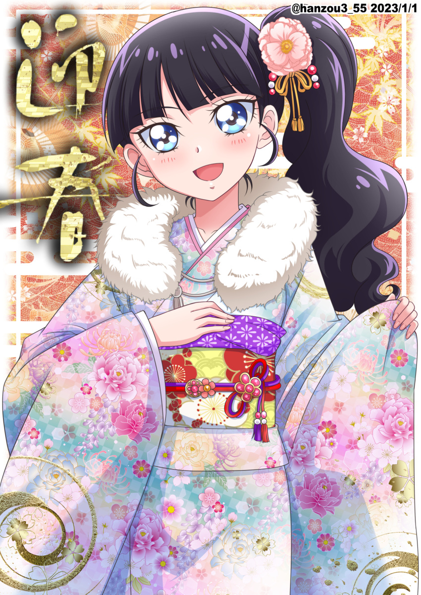 1girl alternate_hairstyle bangs black_hair blue_eyes blunt_bangs cowboy_shot dated delicious_party_precure egasumi floral_background floral_print flower fur_scarf furisode hair_flower hair_ornament hair_up hand_on_own_chest hanzou highres japanese_clothes kasai_amane kimono long_sleeves looking_at_viewer multicolored_clothes multicolored_kimono nengajou new_year obi open_mouth pink_flower precure print_kimono sash side_ponytail smile solo standing twitter_username wide_sleeves