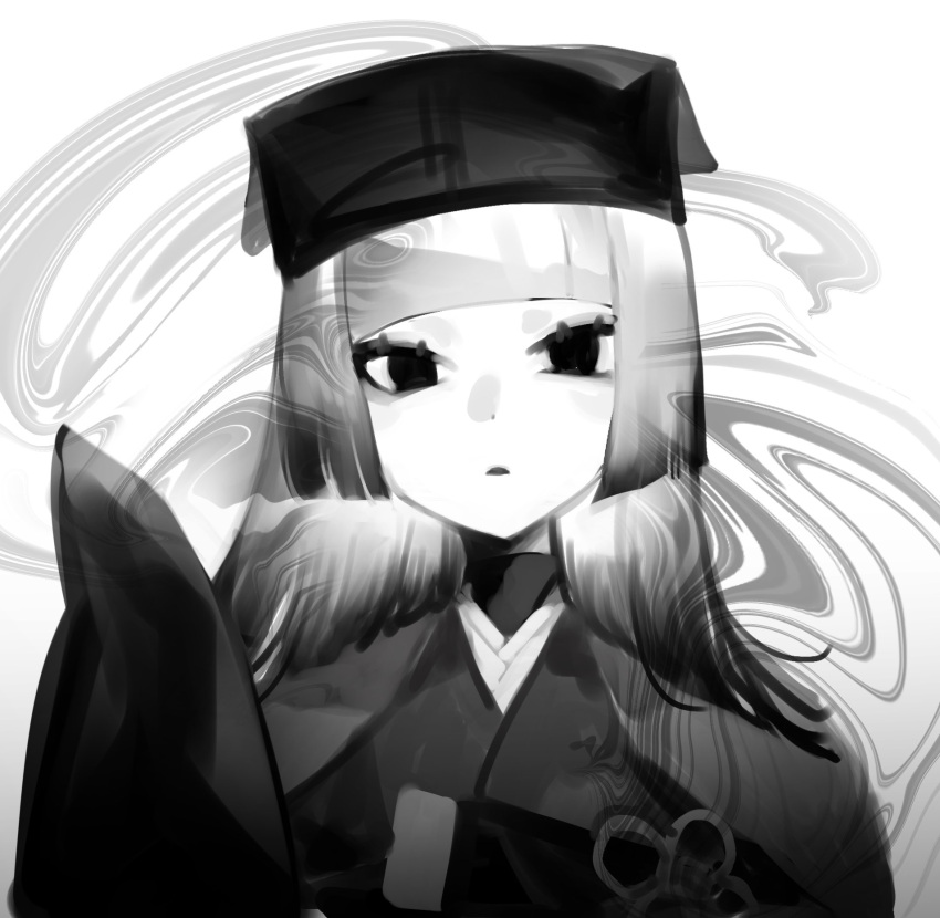 1girl bangs blunt_bangs blunt_ends chajinbou cloak dot_nose eyeliner fate/grand_order fate_(series) flower_knot gradient_hair greyscale hand_up head_tilt highres japanese_clothes kenne_28 kimono looking_at_viewer makeup medium_hair monochrome multicolored_hair obi parted_lips portrait sash sen_no_rikyu_(fate) sen_no_rikyu_(second_ascension)_(fate) sleeves_past_fingers sleeves_past_wrists solid_eyes solo swirl tsurime undershirt