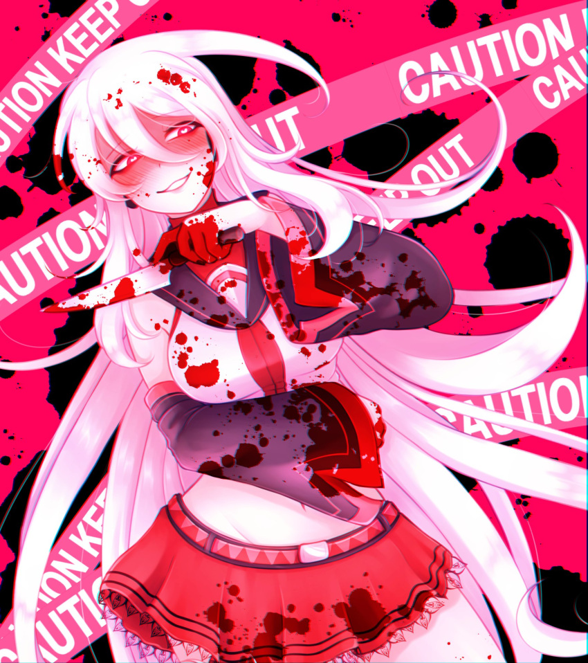 1girl bangs belt blood blood_on_clothes blood_on_face blood_on_hands blood_splatter blush caution_tape chanpotei crop_top detached_sleeves evil_grin evil_smile grin groin half-closed_eyes headphones heart heart-shaped_pupils highres holding holding_knife knife long_hair long_sleeves looking_to_the_side midriff navel pleated_skirt red_eyes sailor_collar shirt skirt sleeveless sleeveless_shirt smile solo sukone_tei symbol-shaped_pupils utau very_long_hair white_hair yandere