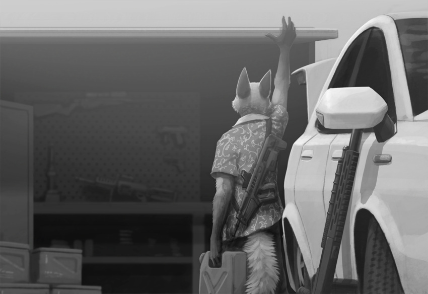 2022 anthro canid canine car clothed clothing detailed_background digital_media_(artwork) fox fully_clothed gun holding_object ipoke light lighting male mammal outside ranged_weapon shaded shirt solo topwear vehicle weapon