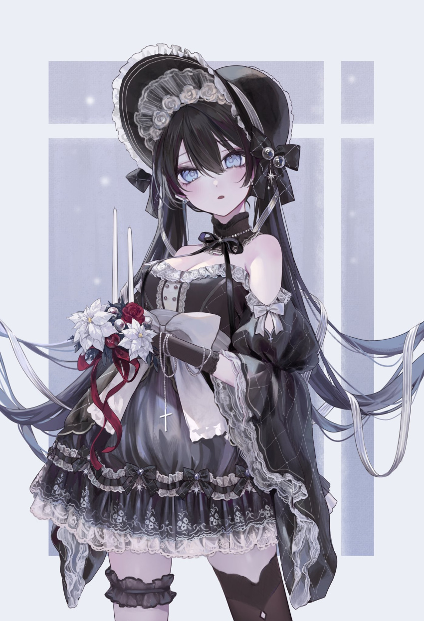 1girl asymmetrical_legwear black_bow black_dress black_gloves black_hair black_thighhighs blue_eyes bow candle cross dress dress_bow english_commentary flower gloves hat highres holding holding_candle long_hair magako mismatched_legwear original single_thighhigh solo thigh_strap thighhighs twintails white_bow