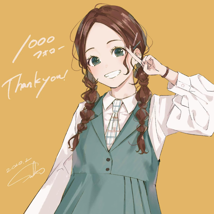 1girl 2020 aqua_eyes blue_skirt blue_vest bracelet braid brown_hair buttons collared_shirt hair_ornament hairclip hand_up head_tilt highres index_finger_raised jewelry lapels light_blush long_hair long_sleeves looking_at_viewer low_twintails milestone_celebration multicolored_necktie necktie no_bangs notched_lapels open_mouth original plaid_necktie sako_(35s_00) shirt signature simple_background skirt smile solo teeth twin_braids twintails upper_body vest white_necktie white_shirt yellow_background