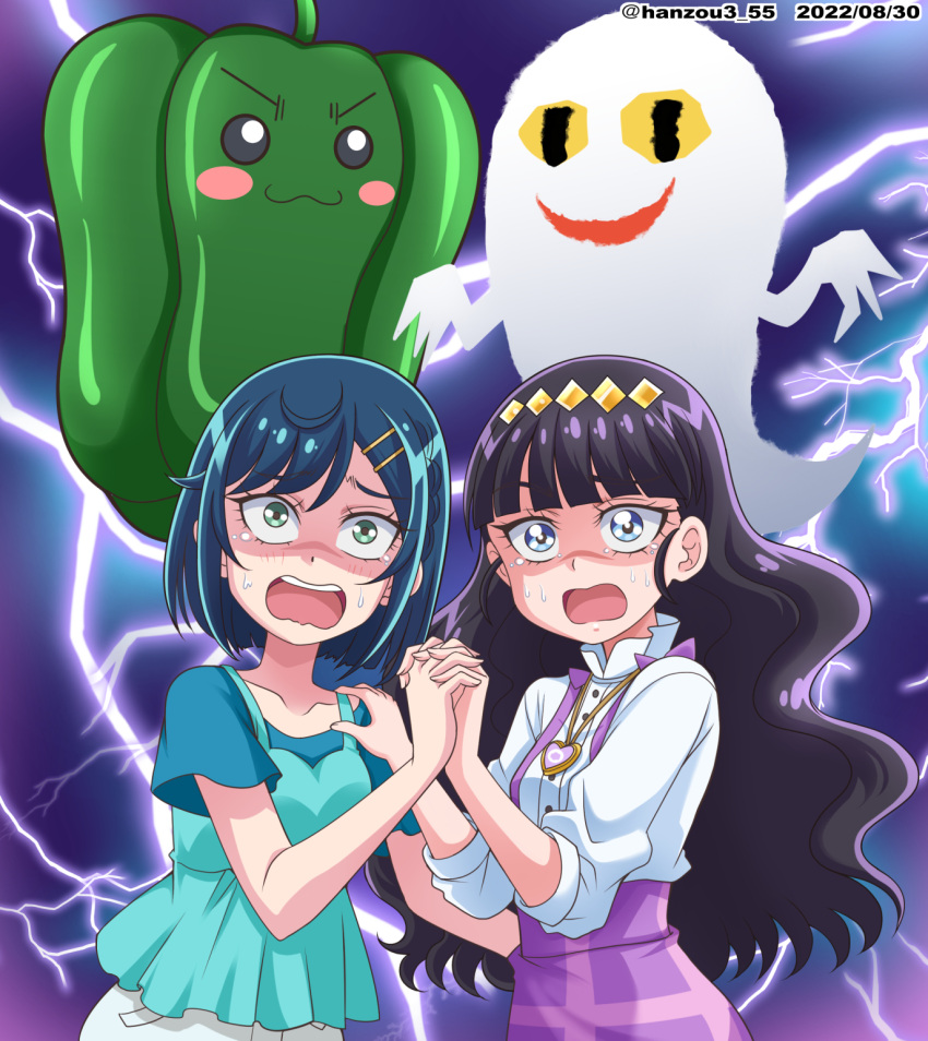 :3 bangs bell_pepper black_hair blue_camisole blue_eyes blue_hair blue_shirt blunt_bangs blush_stickers bob_cut camisole collared_shirt commentary_request constricted_pupils dated delicious_party_precure electricity frown fuwa_kokone ghost gloom_(expression) green_eyes hair_ornament hairclip hand_on_another's_shoulder hanzou heart heart_necklace high-waist_skirt high_collar highres holding_hands jewelry kasai_amane layered_clothes long_hair long_sleeves looking_at_viewer necklace nenaiko_dare_da open_mouth pants partial_commentary precure purple_skirt scared shirt short_hair skirt suspender_skirt suspenders sweatdrop t-shirt twitter_username v-shaped_eyebrows white_pants white_shirt