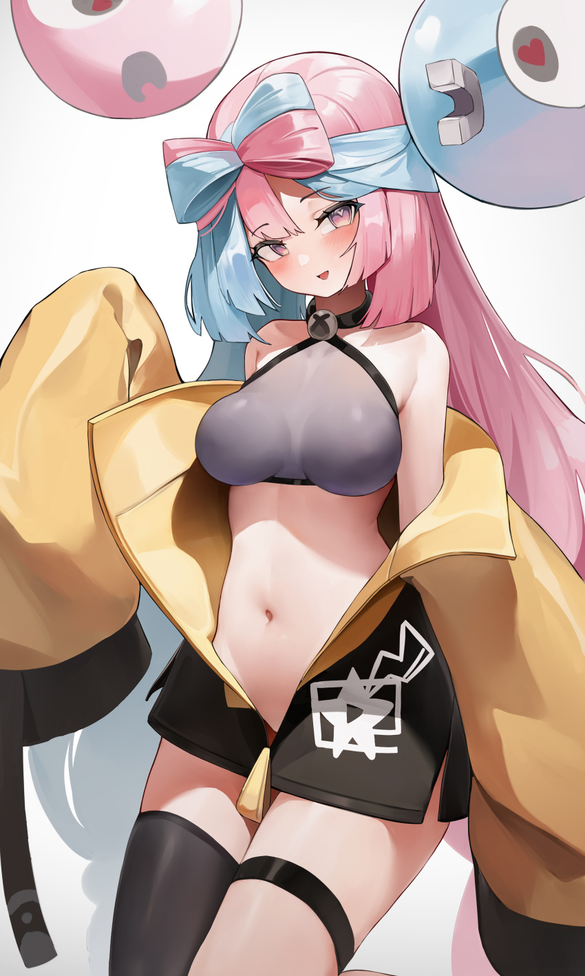 1girl :d absurdres bangs bare_shoulders berserker_r black_thighhighs blue_hair blush bow-shaped_hair breasts character_hair_ornament covered_nipples cowboy_shot crop_top gradient_eyes grey_shirt hair_ornament hand_up heart heart-shaped_pupils highres impossible_clothes impossible_shirt iono_(pokemon) jacket long_hair long_sleeves looking_at_viewer magnemite medium_breasts multicolored_eyes multicolored_hair open_mouth oversized_clothes pink_hair pokemon pokemon_(game) pokemon_sv shirt sidelocks simple_background single_thighhigh sleeveless sleeveless_shirt sleeves_past_fingers sleeves_past_wrists smile solo symbol-shaped_pupils thigh_strap thighhighs thighs twintails two-tone_hair very_long_hair very_long_sleeves white_background wide_sleeves yellow_jacket