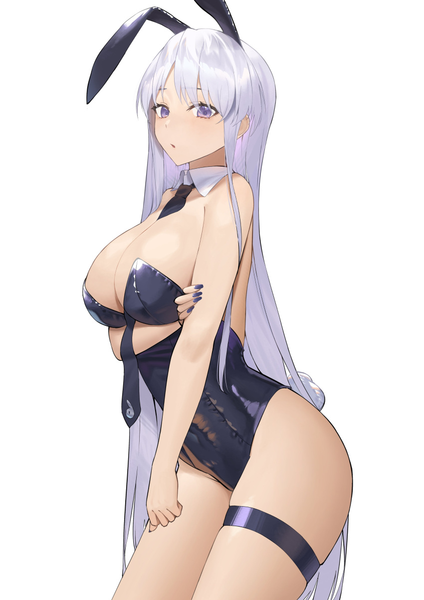 absurdres animal_ears azur_lane bangs breasts detached_collar enterprise_(azur_lane) eyebrows_hidden_by_hair fake_animal_ears highleg highleg_leotard highres large_breasts leotard long_hair looking_at_viewer lordol necktie playboy_bunny purple_eyes rabbit_ears rabbit_tail simple_background tail thigh_strap thighs very_long_hair white_background white_hair