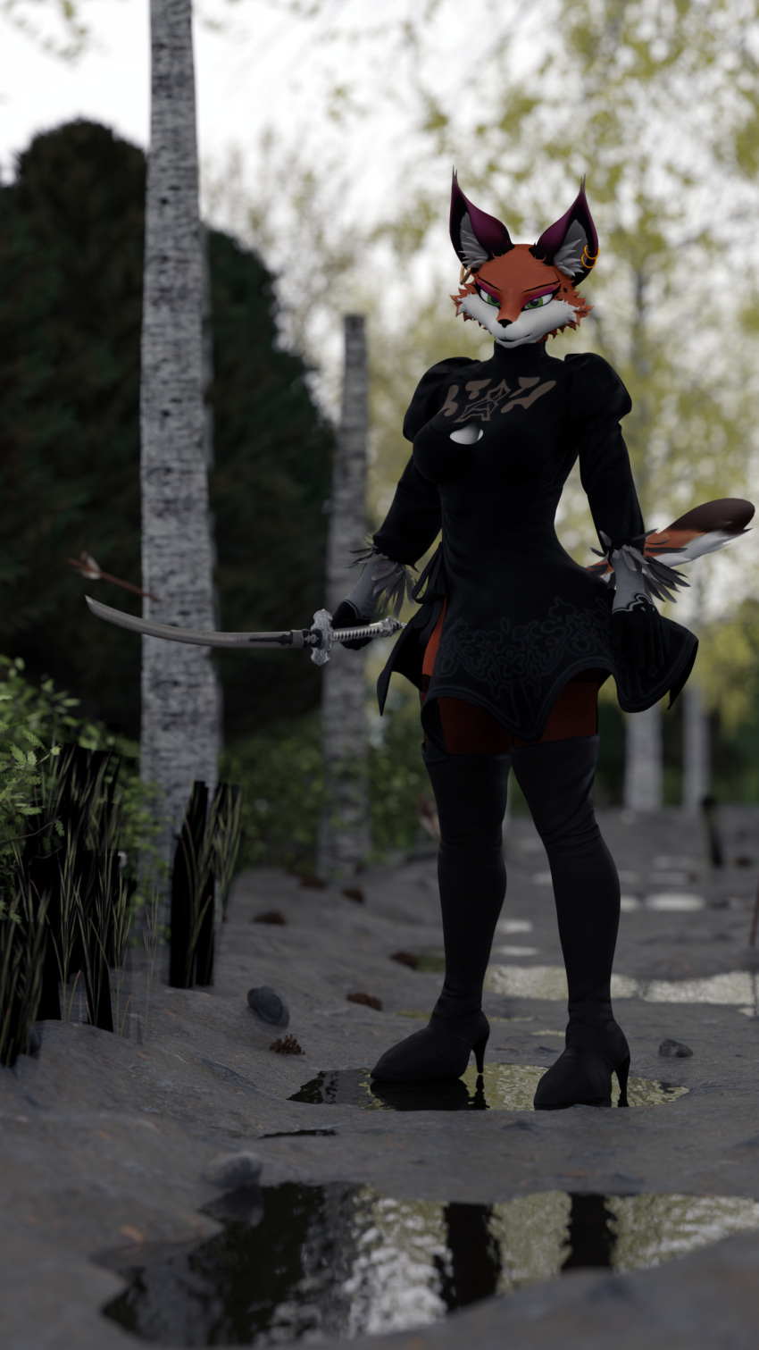 3d_(artwork) 9:16 absurd_res anthro arrow_(weapon) blender_(software) blender_cycles boots bottomwear breasts canid canine cleavage clothed clothing cosplay digital_media_(artwork) ear_piercing ear_ring feathers female fishnet footwear forest forest_background fox foxxy_vixen foxy_(original) grass hi_res high_boots high_heels keyhole_clothing leaf legwear mammal mean_look melee_weapon nature nature_background nier_automata overcast piercing plant puddle ranged_weapon reflections ring_piercing skirt sky solo stockings straps suit sword tail tree water weapon yorha_2b