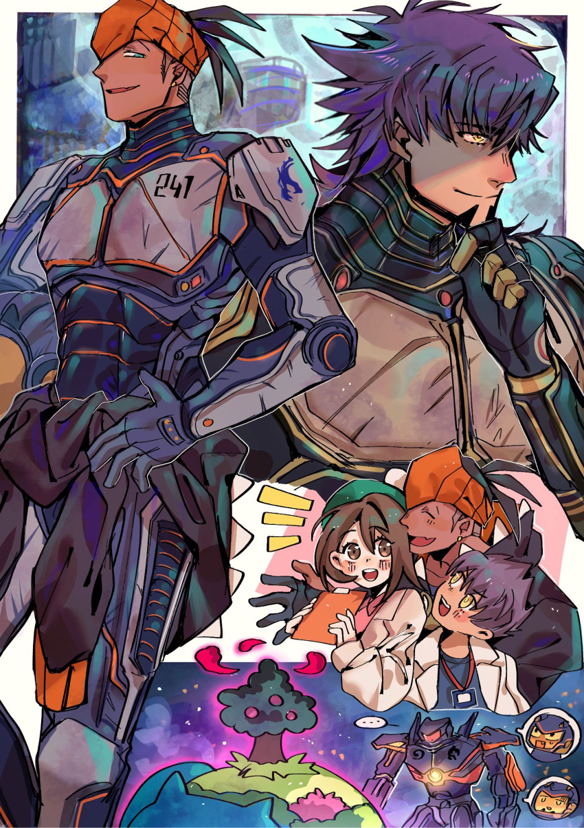 1girl 3boys beard black_hair bodysuit border brown_eyes brown_hair chiyo_(miichiyochin) clipboard clothes_around_waist crossover dark-skinned_male dark_skin facial_hair gigantamax_snorlax gipsy_danger gloria_(pokemon) highres holding holding_clipboard hop_(pokemon) jacket jacket_around_waist leon_(pokemon) mecha multiple_boys name_tag open_mouth pacific_rim parted_lips pokemon pokemon_(creature) pokemon_swsh purple_hair raihan_(pokemon) robot short_hair snorlax thinking white_border yellow_eyes