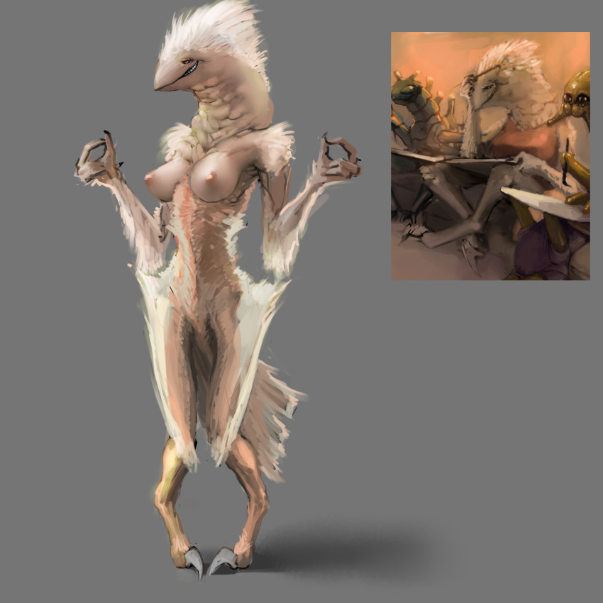 anthro areola avian breasts claws feathers female group hi_res looking_at_viewer meandraco miggpli_(teraurge) monster nipples nude smile smiling_at_viewer solo_focus standing teeth_showing teraurge toe_claws white_body white_feathers