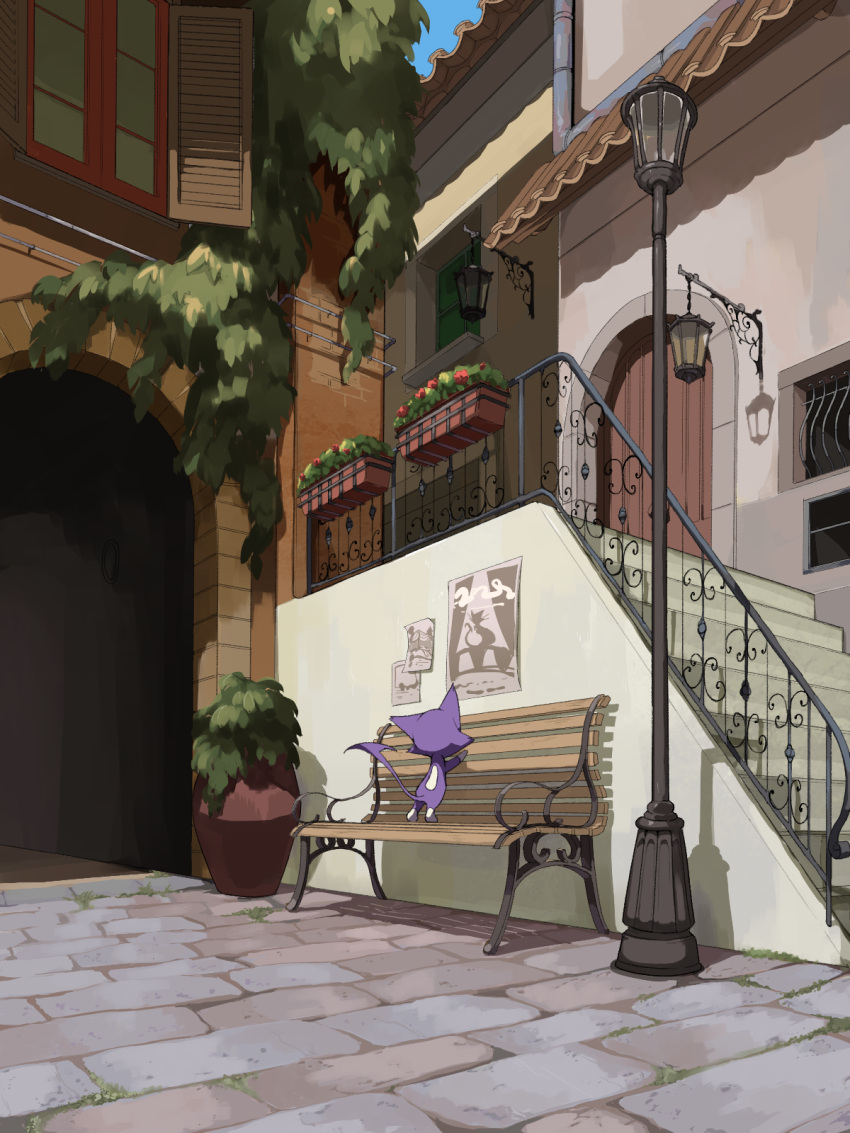 absurdres bench building cat commentary_request day door fence highres kura_(shironagasu02) lamppost no_humans outdoors pokemon pokemon_(creature) poster_(object) purrloin solo stairs stone_floor window