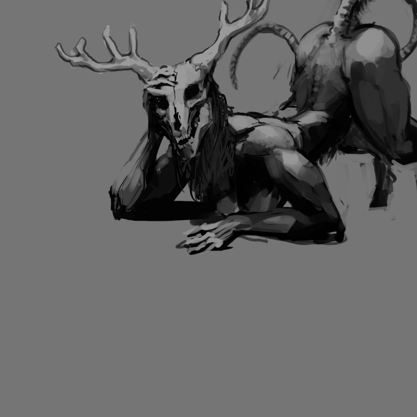 all_fours american_mythology anthro antlers ass_up bone breasts butt female fur hi_res horn indigenous_north_american_mythology looking_at_viewer meandraco monochrome monster mythology north_american_mythology seductive sharp_teeth skull skull_head solo teeth thick_thighs wendigo wide_hips