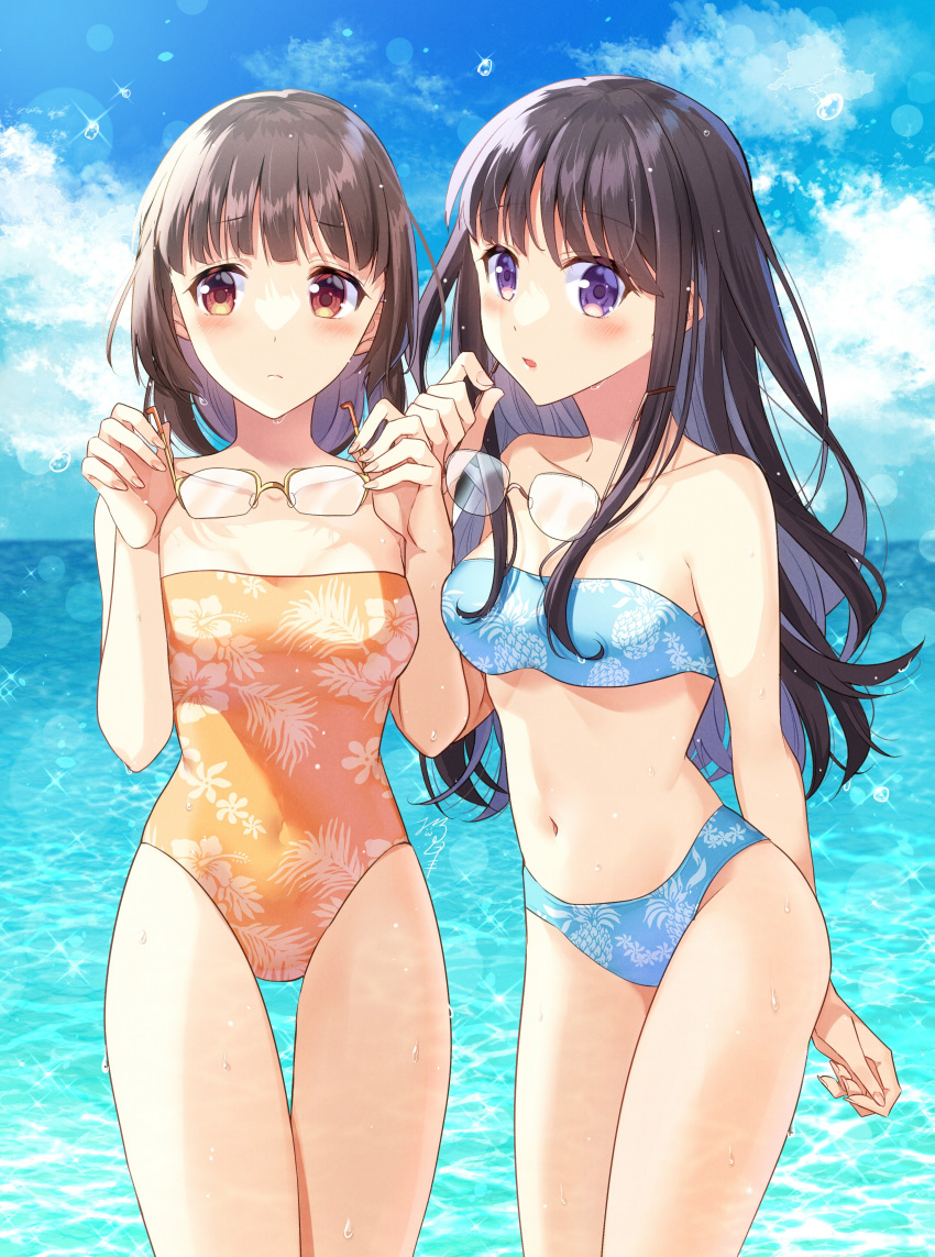 2girls absurdres bangs bikini black_hair blue_bikini blue_sky blunt_bangs breasts casual_one-piece_swimsuit cloud commentary_request commission cowboy_shot day eyewear_removed highres horizon leaf_print long_hair looking_at_viewer multiple_girls navel nekozuki_yuki one-piece_swimsuit orange_one-piece_swimsuit original outdoors pixiv_commission purple_eyes red_eyes short_hair sky small_breasts strapless strapless_bikini strapless_swimsuit swimsuit thigh_gap