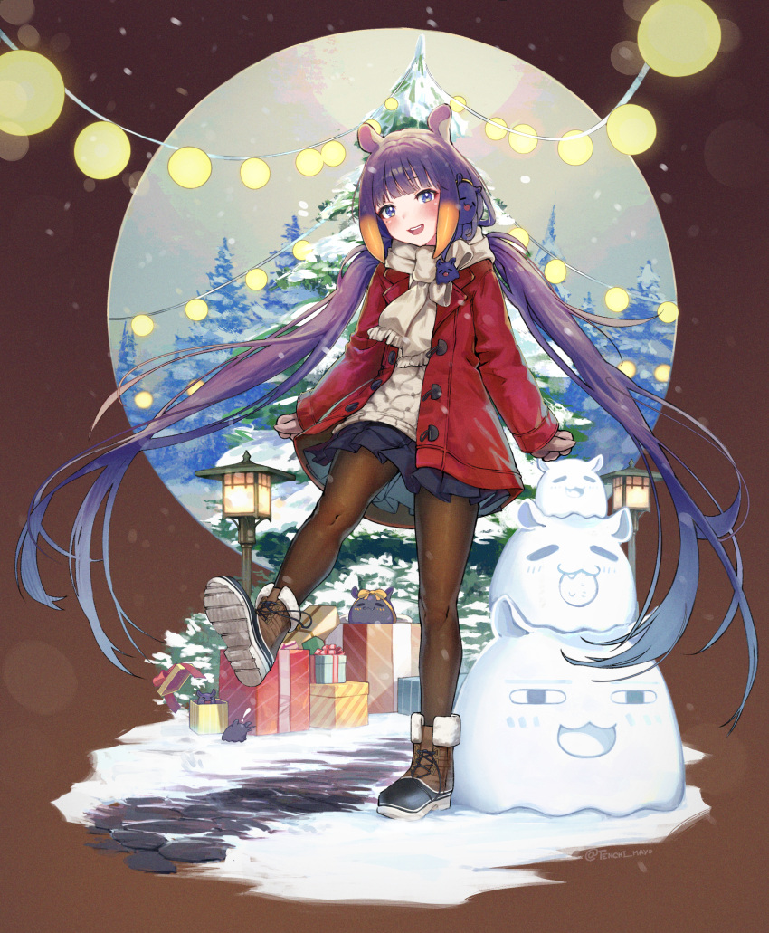 1girl :d absurdres bangs black_shirt blue_eyes blunt_bangs blush boots box brown_pantyhose christmas christmas_present christmas_tree coat full_body gift gift_box gloves gradient_hair highres hololive hololive_english lantern long_hair long_sleeves looking_at_viewer low_twintails mole mole_under_eye multicolored_hair ninomae_ina'nis open_mouth orange_hair pantyhose pointy_ears purple_hair red_coat scarf shirt sidelocks skirt smile snow snow_sculpture solo string_lights sweater takodachi_(ninomae_ina'nis) tenchi_mayo tentacle_hair tentacles twintails twitter_username very_long_hair virtual_youtuber white_scarf white_sweater