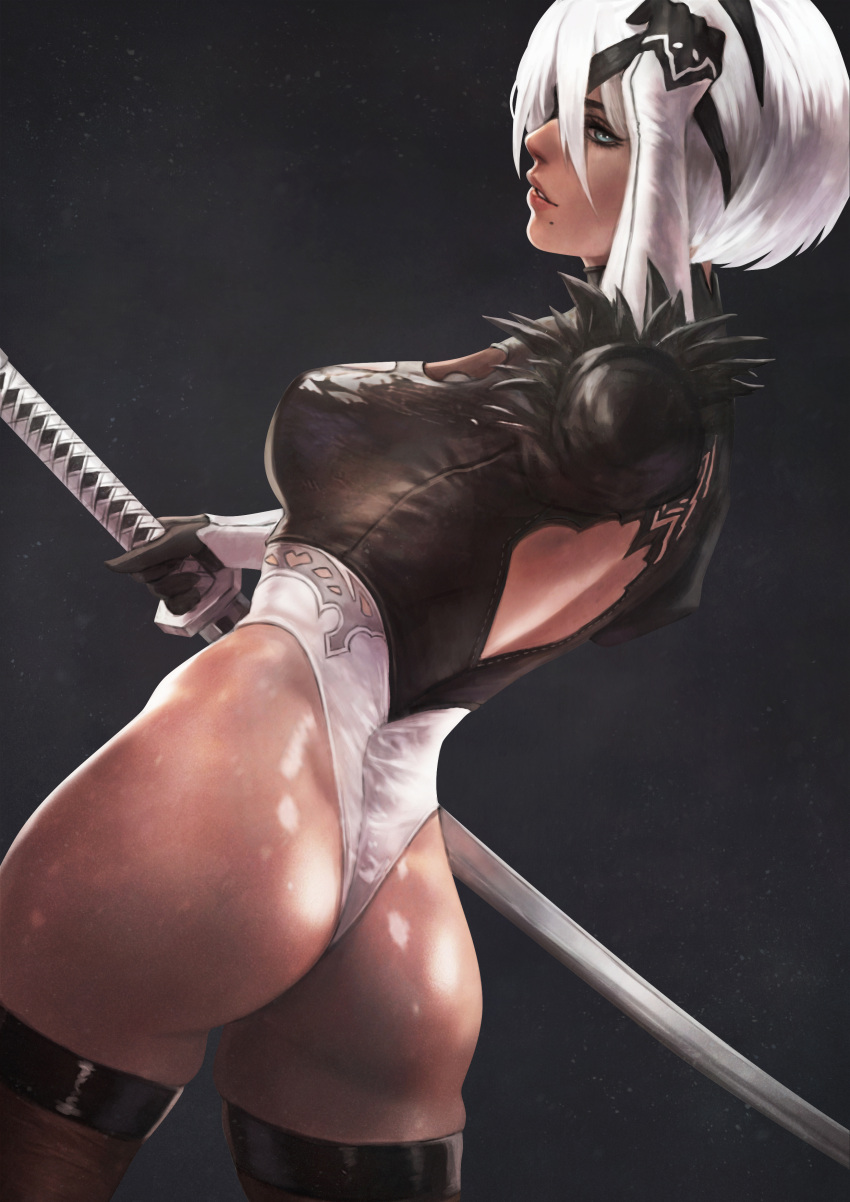 1girl absurdres ass back_cutout black_blindfold black_hairband blindfold blindfold_lift blue_eyes clothing_cutout feather-trimmed_sleeves feather_trim hairband highres holding holding_sword holding_weapon juliet_sleeves katana leotard long_sleeves mole mole_under_mouth monori_rogue nier_(series) nier_automata paid_reward_available puffy_sleeves shiny_skin short_hair solo sword thighhighs thong_leotard weapon white_hair white_leotard yorha_no._2_type_b
