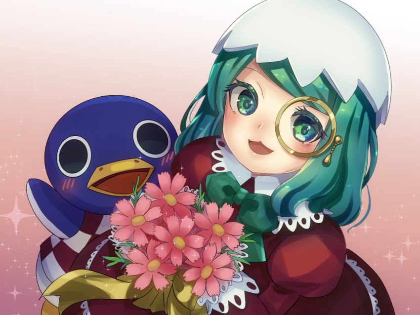 1boy 1girl :3 animal_crossing bangs beak bird_boy black_eyes blue_fur blush body_fur bouquet bow bowtie checkered_clothes checkered_shirt commentary_request dress eggshell eggshell_hat flower fuji_sono furry furry_male gradient gradient_background green_bow green_bowtie green_eyes green_hair happy holding holding_bouquet juliet_sleeves long_hair long_sleeves monocle open_mouth original pink_background pink_flower puffy_sleeves red_dress red_shirt ribbon roald_(animal_crossing) shirt sidelocks simple_background sleeveless sleeveless_shirt smile sparkle swept_bangs two-tone_fur white_fur white_headwear yellow-framed_eyewear yellow_ribbon
