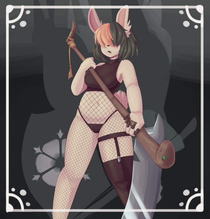 absurd_res anthro clothing digital_media_(artwork) female fishnet fishnet_clothing fishnet_legwear fur garter_belt_legwear hair hi_res lagomorph legwear leporid mammal melee_weapon polearm pose rabbit reversedluna scythe solo weapon