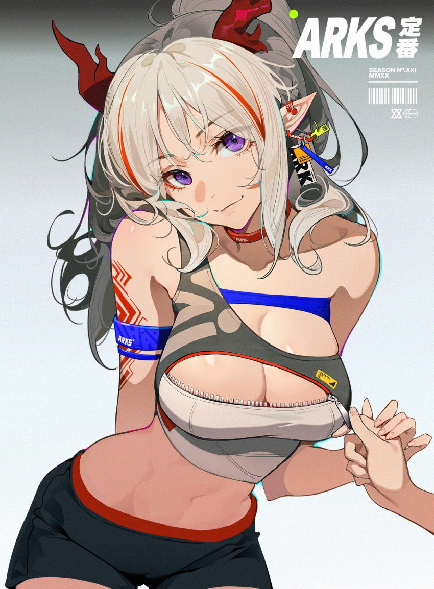 1girl 1other arknights arm_behind_back arm_tattoo armband barcode black_shorts breasts casual choker cleavage cleavage_cutout closed_mouth clothing_cutout collarbone commentary contrapposto cowboy_shot dragon_horns ear_piercing ear_tag eyelashes eyes_visible_through_hair eyeshadow gradient gradient_background grey_background grey_hair guided_unzipping hachisan highres holding_hands horns keychain leaning_forward lips long_hair looking_at_viewer makeup medium_breasts multicolored_hair navel nian_(arknights) piercing pointy_ears ponytail purple_eyes red_choker red_eyeshadow red_hair short_shorts shorts simple_background single_bare_shoulder smile solo_focus sports_bra sportswear standing stomach streaked_hair tattoo two-tone_hair unzipping zipper_pull_tab