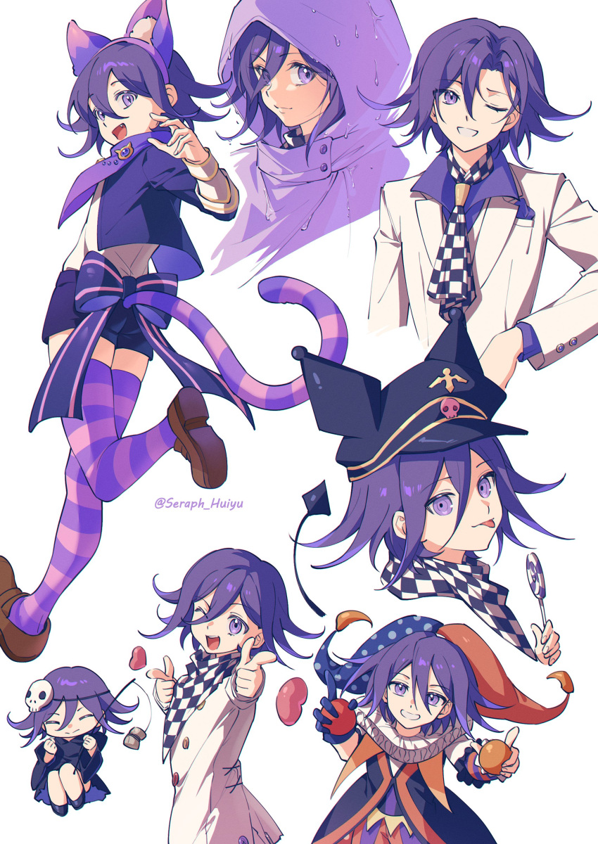 1boy :p ;d absurdres animal_ears artist_name ass ball bangs black_coat black_gloves black_headwear black_shorts brown_footwear candy cat_ears cat_tail checkered_clothes checkered_scarf cheshire_cat_(alice_in_wonderland) cheshire_cat_(alice_in_wonderland)_(cosplay) chibi coat cosplay danganronpa_(series) danganronpa_v3:_killing_harmony ewa_(seraphhuiyu) fake_animal_ears flipped_hair food full_body gloves grin hair_between_eyes hat highres holding holding_candy holding_food holding_lollipop hood hood_up jacket jester_cap lollipop mask mask_on_head medium_hair multiple_views official_alternate_costume one_eye_closed open_clothes open_jacket ouma_kokichi pointing pointing_at_viewer polka_dot_headwear purple_jacket raincoat red_headwear scarf shiny_hair shorts single_glove smile striped striped_thighhighs tail teeth thighhighs tongue tongue_out two-tone_thighhighs white_jacket