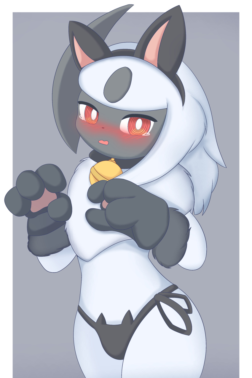 absol absurd_res anthro bell bell_collar blush bodily_fluids clothing collar fake_ears generation_3_pokemon gloves handwear headgear hi_res looking_at_viewer nintendo open_mouth pokemon pokemon_(species) pokemorph raku_700 red_eyes solo tears underwear white_body