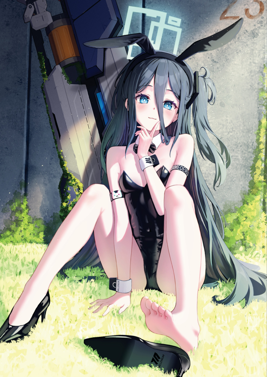 1girl :3 absurdres alternate_costume animal_ears aris_(blue_archive) arm_strap ass bare_legs bare_shoulders barefoot between_legs black_footwear black_hair black_hairband black_leotard blue_archive blue_eyes bow bowtie bright_pupils closed_mouth covered_navel detached_collar fake_animal_ears hair_between_eyes hairband halo hand_up high_heels highres index_finger_raised knees_up leotard long_hair looking_at_viewer no_socks one_side_up playboy_bunny rabbit_ears shoe_removed sitting smile solo strapless strapless_leotard supersugar thighs very_long_hair wrist_cuffs