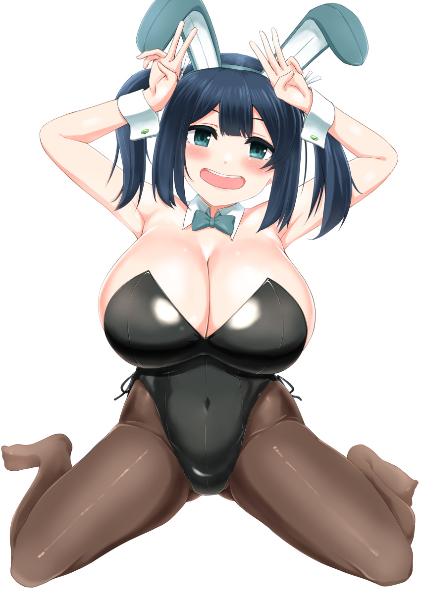 1girl absurdres animal_ears black_leotard black_pantyhose blue_hair blush bow bowtie breasts covered_navel detached_collar fake_animal_ears green_eyes hair_ribbon highres kantai_collection large_breasts leotard long_hair looking_at_viewer open_mouth pantyhose playboy_bunny rabbit_ears rabbit_tail ribbon simple_background sitting smile solo souryuu_(kancolle) strapless strapless_leotard tail traditional_bowtie twintails wariza watashitachino_kareshi white_background wrist_cuffs