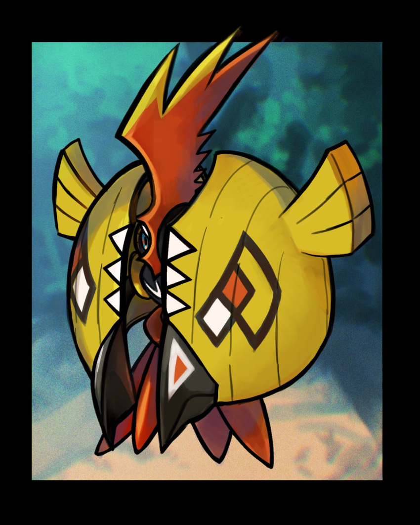 beak black_border black_skin blurry blurry_background border colored_skin commentary elizabeth_(tomas21) floating full_body green_eyes highres no_humans plume pokemon pokemon_(creature) solo tapu_koko