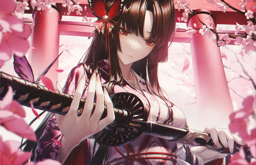 1girl bangs blurry blurry_foreground breasts brown_hair bug butterfly butterfly_hair_ornament cherry_blossoms closed_mouth day drawing_sword floral_print grimlight hair_ornament hair_over_shoulder holding holding_sword holding_weapon japanese_clothes kaguya_(grimlight) kimono long_hair long_sleeves looking_down medium_breasts parted_bangs pink_kimono print_kimono purple_butterfly red_butterfly red_eyes sidelocks solo somber sword torii tree und0 upper_body weapon