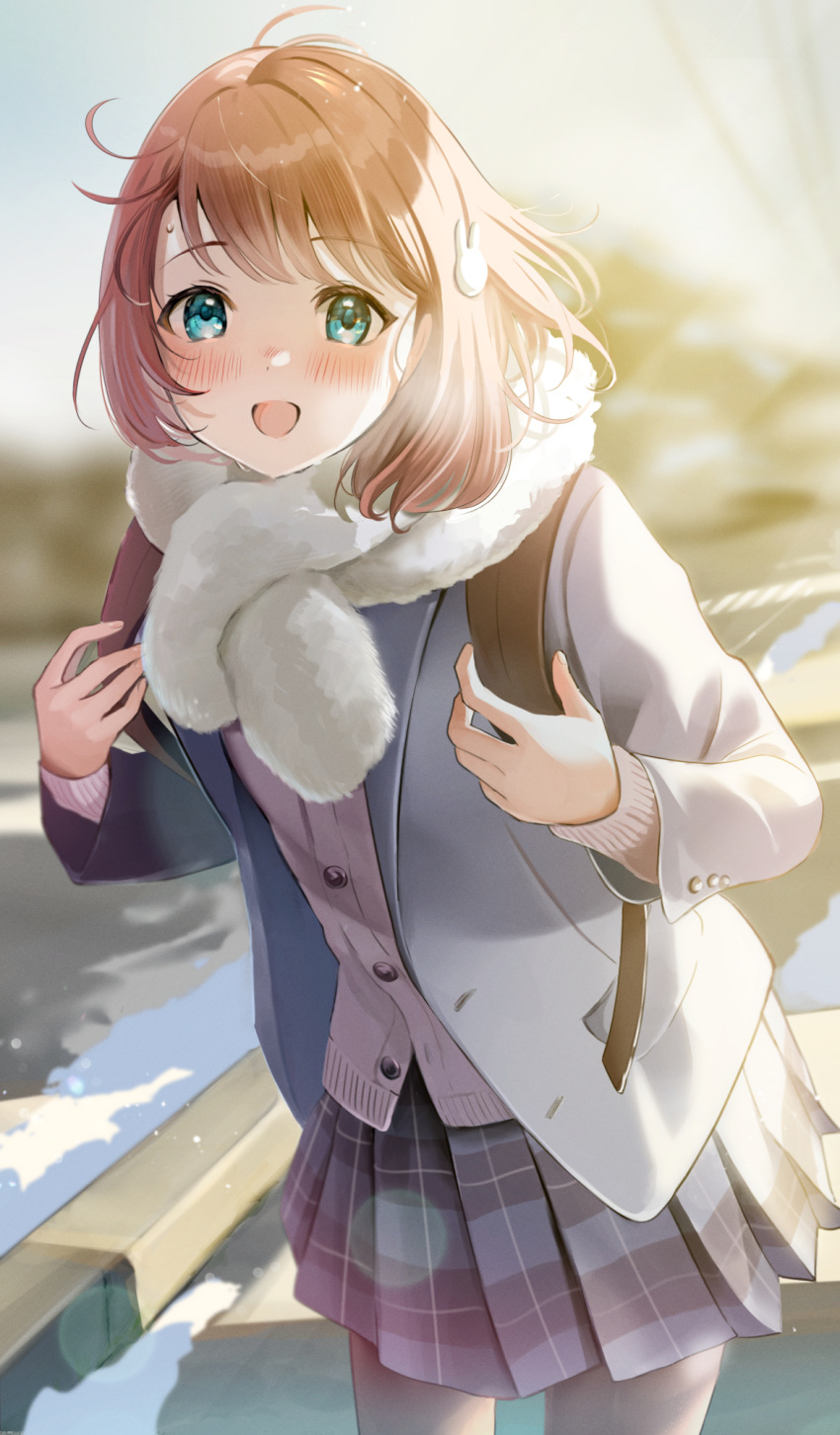 1girl :d aqua_eyes backpack bag bangs black_pantyhose blue_jacket blue_skirt blurry blurry_background blush clear_sky commentary_request cowboy_shot day fur_trim grey_sky hair_ornament hairclip highres holding holding_bag jacket light_brown_hair long_sleeves looking_at_viewer open_clothes open_jacket open_mouth original outdoors pantyhose plaid plaid_skirt pleated_skirt purple_sweater school_uniform shiny_hair short_hair sidelocks skirt sky smile solo standing sunlight sweater tasuku_(otomebotan) tree water