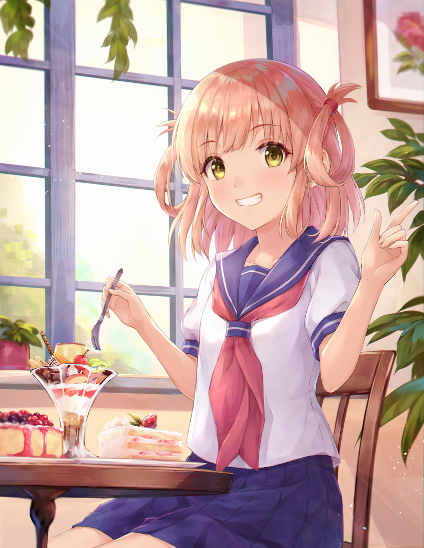 1girl absurdres bangs berry blush brown_hair cafe cake cake_slice chair coffee_tart flower_pot food fruit hair_rings highres ice_cream index_finger_raised long_hair looking_at_viewer neckerchief plant pleated_skirt potted_plant princess_connect! pudding rino_(princess_connect!) rino_(real)_(princess_connect!) school_uniform serafuku short_hair sitting skirt solo strawberry sundae sunlight table two-tone_background window windowsill yellow_eyes