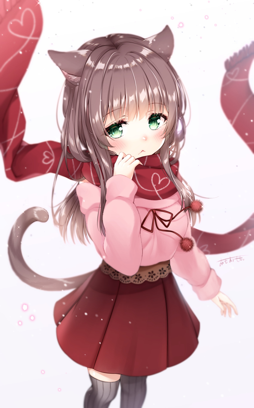 1girl :&lt; absurdres animal_ear_fluff animal_ears bangs black_thighhighs blush breasts brown_hair cat_ears cat_girl cat_tail closed_mouth commentary_request gradient gradient_background green_eyes grey_background hand_up highres long_hair long_sleeves looking_at_viewer medium_breasts off-shoulder_shirt off_shoulder omoomomo original pink_shirt pleated_skirt puffy_long_sleeves puffy_sleeves red_scarf red_skirt ribbed_legwear scarf shirt signature skirt sleeves_past_wrists solo tail thighhighs very_long_hair white_background