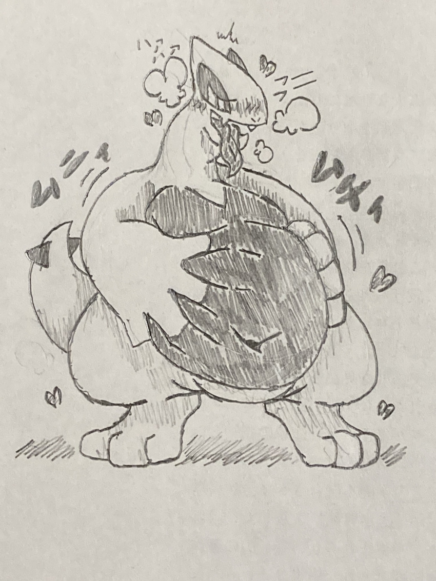 &lt;3 2023 3_toes absurd_res ambiguous_gender anthro avian belly_grab blush blush_lines deep_navel digitigrade feet generation_2_pokemon graphite_(artwork) greyscale gyorai_sarapao hi_res japanese_text legendary_pokemon lugia monochrome navel nintendo overweight overweight_ambiguous pencil_(artwork) pokemon pokemon_(species) semi-anthro shadow sharp_teeth simple_background solo sound_effects standing steam tail teeth text toes tongue tongue_out traditional_media_(artwork) white_background