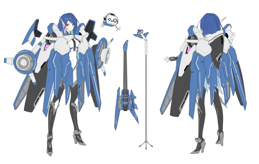 1girl absurdres blue_eyes blue_hair character_request commentary_request copyright_request covered_navel electric_guitar flat_color from_behind full_body guitar highres instrument long_hair looking_at_viewer microphone_stand multicolored_hair multiple_views purple_hair smile souto_(0401) speaker streaked_hair thighhighs virtual_youtuber