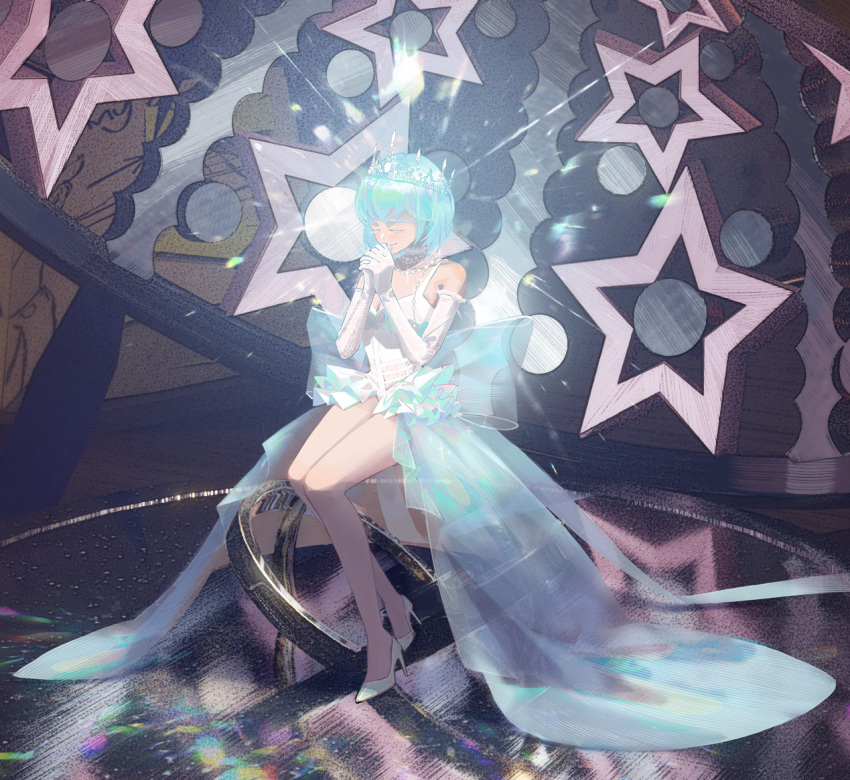 1girl aqua_hair back_bow bangs bare_shoulders bow breasts cleavage colored_eyelashes diamond_(houseki_no_kuni) dress elbow_gloves frilled_dress frills full_body genderswap genderswap_(otf) gii_(cvpj3777) gloves hands_up high-low_skirt high_heels houseki_no_kuni own_hands_together praying see-through short_dress short_hair sitting sleeveless sleeveless_dress smile solo sparkle star_(symbol) tiara w_arms white_dress white_footwear