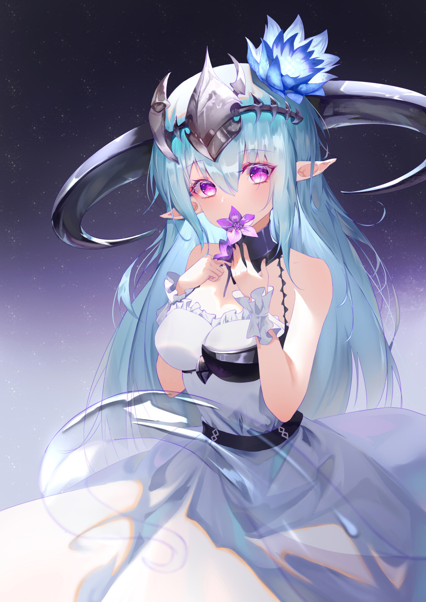 1girl absurdres armor bare_shoulders blue_flower blue_hair blush breastplate breasts circlet collar crystal_tail dragon_girl dragon_horns dress flower frilled_dress frills granblue_fantasy hair_between_eyes hair_flower hair_ornament hei_hua_de_nana_li highres holding holding_flower horns light_blue_hair long_hair looking_at_viewer medium_breasts metal_collar pointy_ears purple_flower shadowverse sidelocks sky star_(sky) starry_sky white_dress whitefrost_dragonewt_filene wrist_cuffs